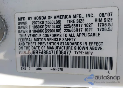 2007 Honda Cr-V Ex z USA, uszkodzony, nr VIN 5J6RE48547L005477